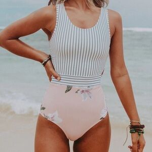 Albion Island Fever Floral Stripe Castaway One‎ Piece Swimsuit Zip Tie Back XL